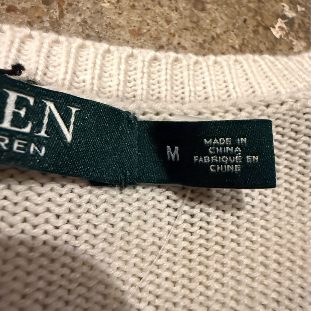 Lauren Ralph Lauren Knit Sweater Cream Navy Cotton Size M Preppy Coastal NWT - Picture 4 of 9